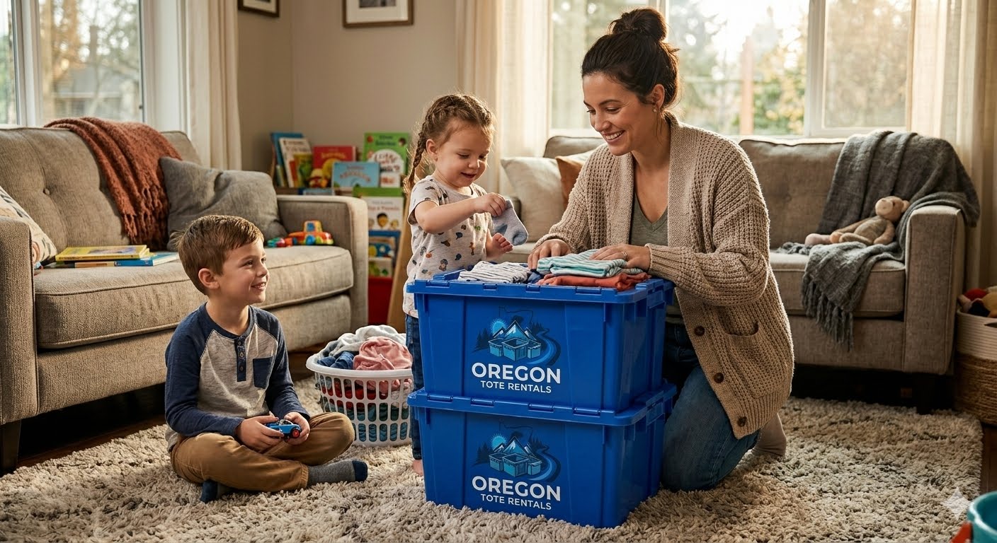 Family packing clothes into an Oregon Tote Rentals tote