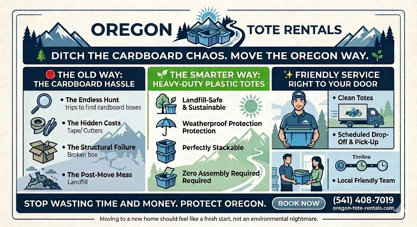 Oregon Tote Rentals — the old cardboard hassle versus heavy-duty plastic totes with friendly scheduled delivery and pick-up
